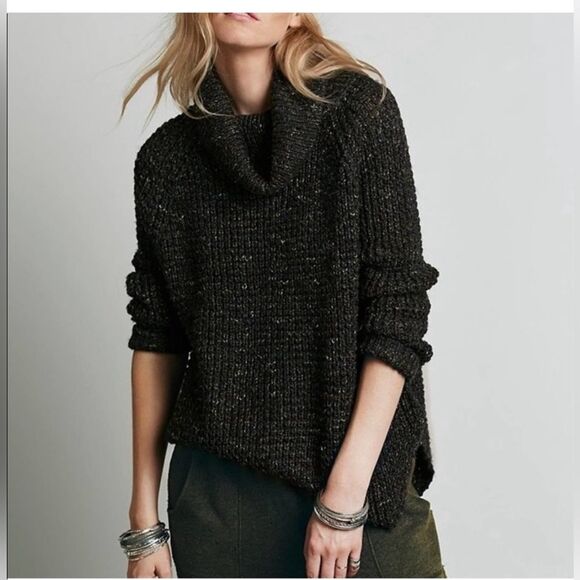 Free People Dylan Tweed Pullover in Charcoal Combo Turtleneck Sweater size XS - Picture 4 of 12